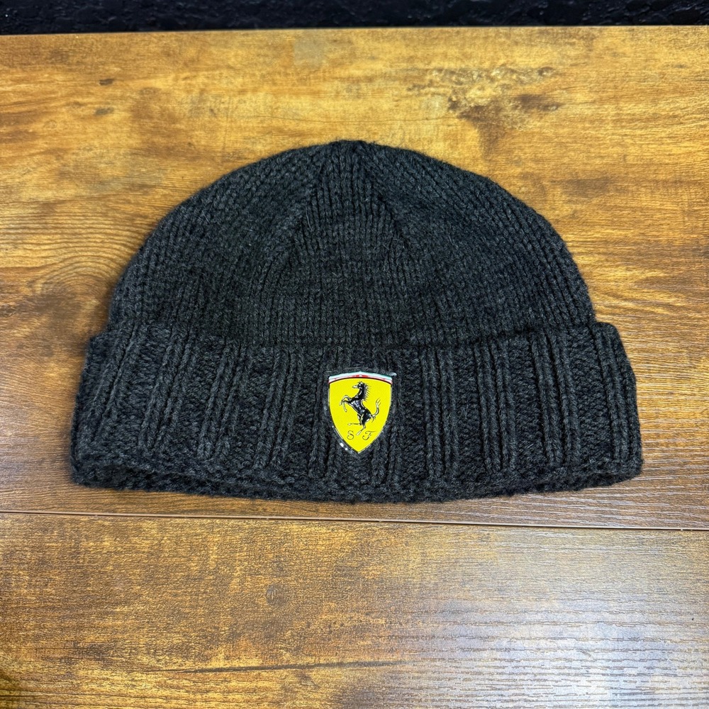 Ferrari Puma Scuderia SF Black Wool Blend Knit Beanie Hat Mens OSFM
